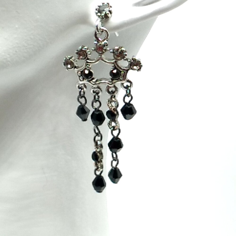 Vintage Style Black Chandelier Faceted Bead Rhinestone Silver Tone Dangle Post
